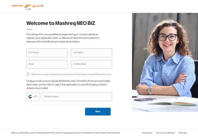 Mashreq NeoBiz business account opening UAE documents and three-step digital application process with corporate tax UAE compliance preparation